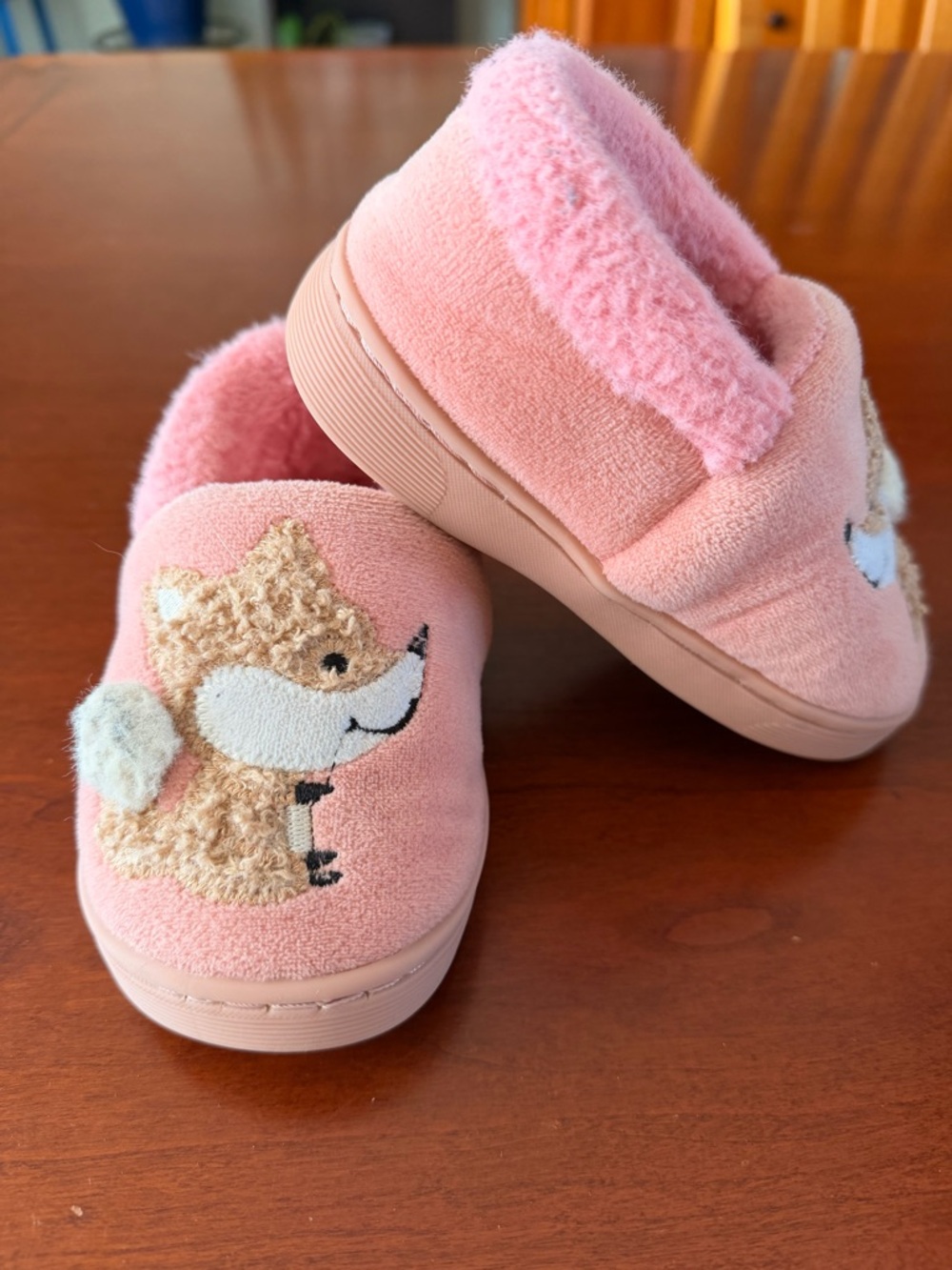Pink Fox Plush Slip-On Kids Slippers
